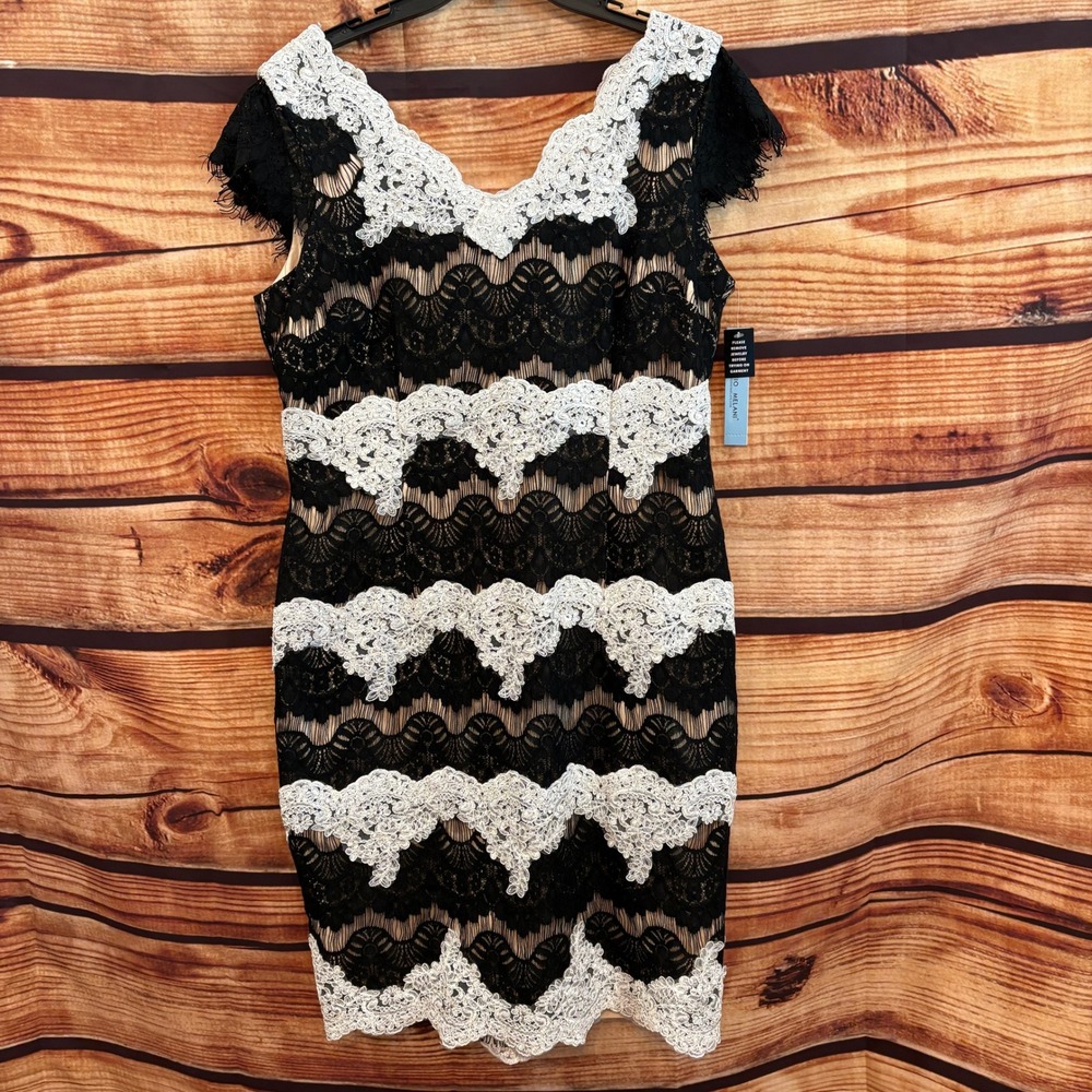 Antonio Melani Black‎ White Embroidered Lace Sheath Evening Gown Size 14 NWT
